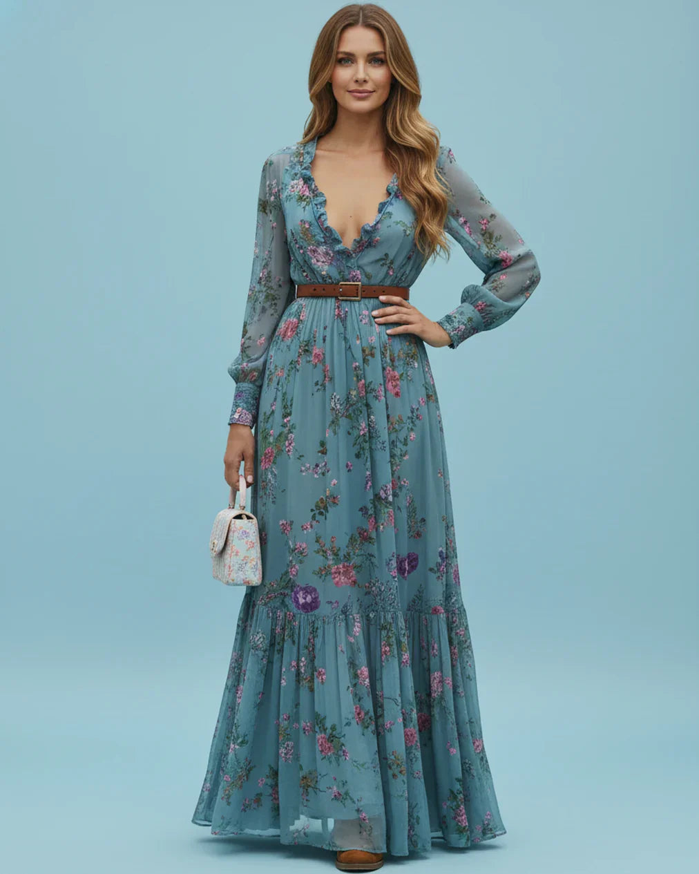 Boho Dam Maxi Klänning med Låg V-Hals och Långa Ärmar Mirla-Eva Jonsson