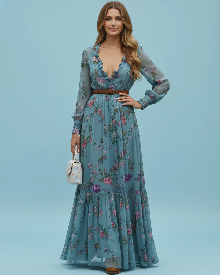 Boho Dam Maxi Klänning med Låg V-Hals och Långa Ärmar Mirla-Eva Jonsson