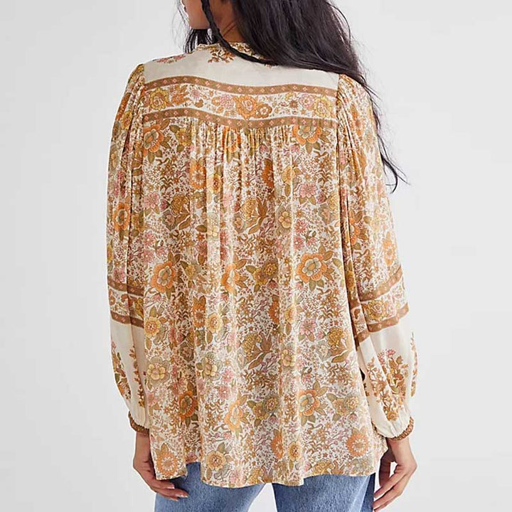 Boho-blus – Löst sittande blus med knappar och långa ärmar för damer-Eva Jonsson
