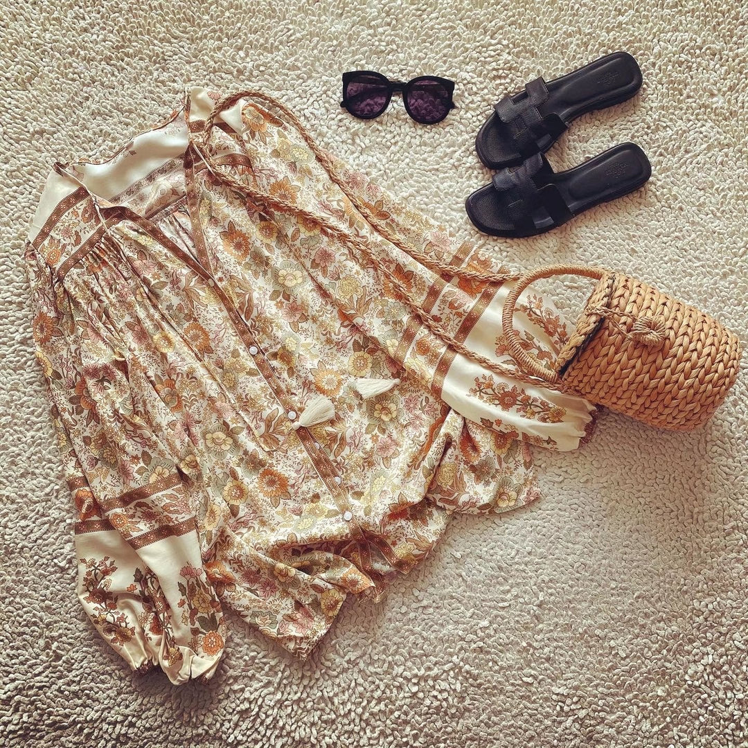 Boho-blus – Löst sittande blus med knappar och långa ärmar för damer-Eva Jonsson