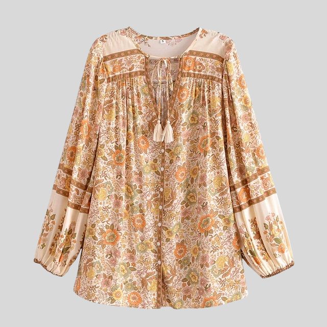 Boho-blus – Löst sittande blus med knappar och långa ärmar för damer-Eva Jonsson