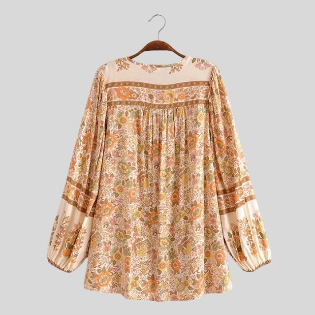 Boho-blus – Löst sittande blus med knappar och långa ärmar för damer-Eva Jonsson