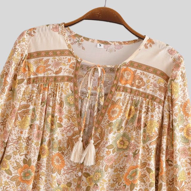 Boho-blus – Löst sittande blus med knappar och långa ärmar för damer-Eva Jonsson