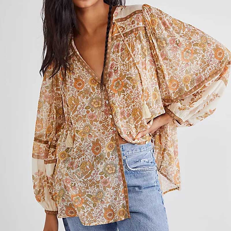 Boho-blus – Löst sittande blus med knappar och långa ärmar för damer-Eva Jonsson