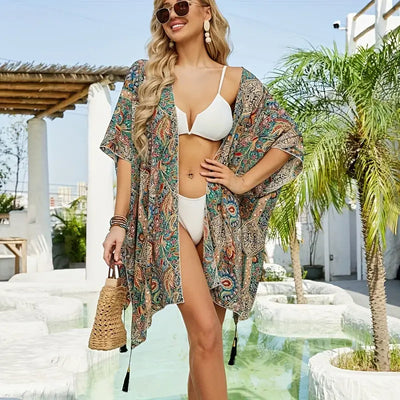 Boho-kimono, Paisley-tryck, Öppen front, Bikiniöverdrag, Strandkimono-Eva Jonsson