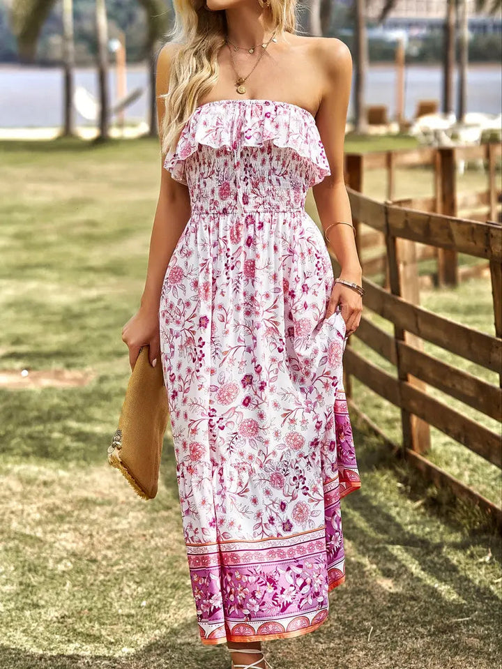 Bohoklänning, Blommig, Axelbandslös, Maxiklänning, Sommarklänning-Eva Jonsson