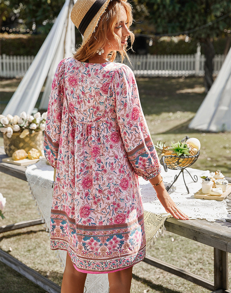 Bohoklänning - Långärmad - Blommig - Miniklänning - Sommarklänning-Eva Jonsson