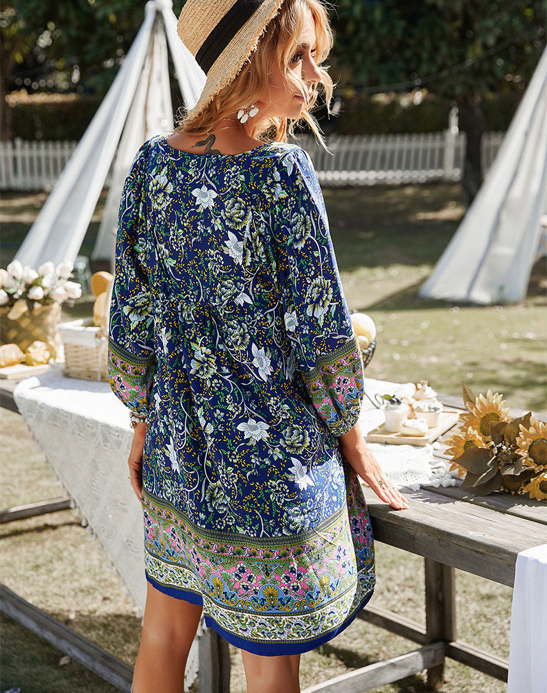Bohoklänning - Långärmad - Blommig - Miniklänning - Sommarklänning-Eva Jonsson