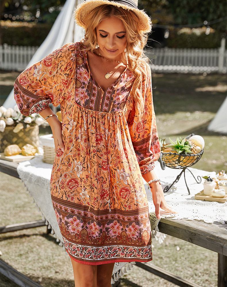 Bohoklänning - Långärmad - Blommig - Miniklänning - Sommarklänning-Eva Jonsson
