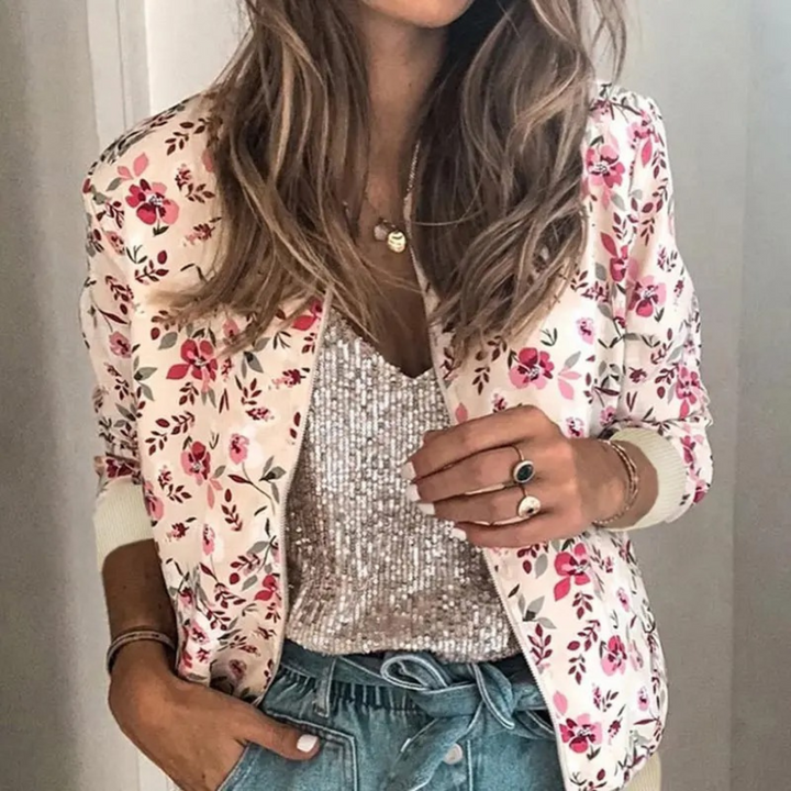 Bomberjacka med blommigt tryck - Sommarjacka med blixtlås och blommigt tryck för kvinnor-Eva Jonsson