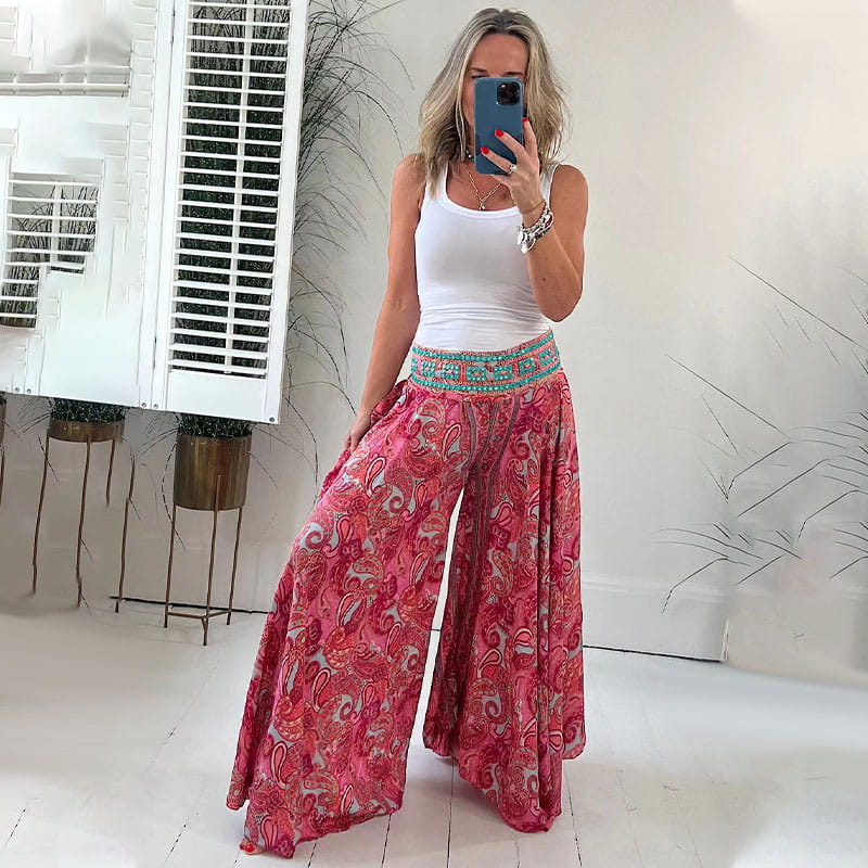 Byxor med vida ben | Paisley | Flödande | Boho byxor | Sommarbyxor för damer-Eva Jonsson