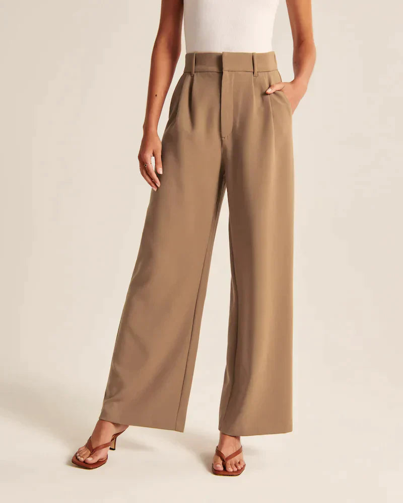 Byxor med vida ben - Plisserade - Hög midja - Slacks med vida ben - Byxor för kvinnor-Eva Jonsson