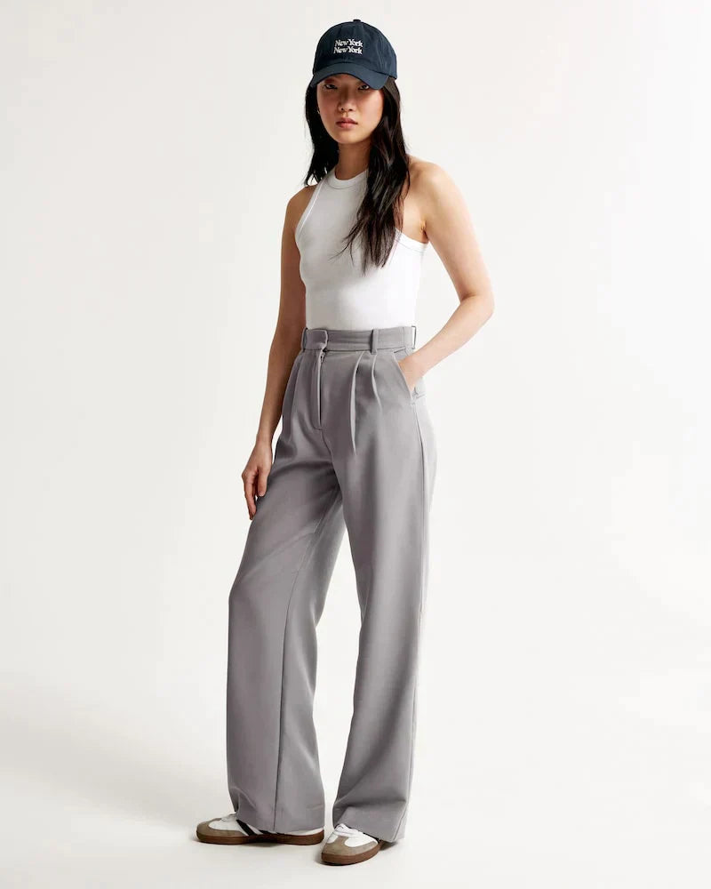 Byxor med vida ben - Plisserade - Hög midja - Slacks med vida ben - Byxor för kvinnor-Eva Jonsson