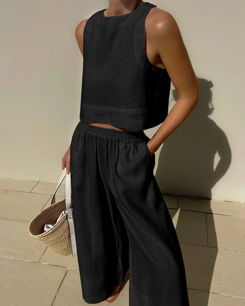Byxor med vida ben och Topp - Casual Loose Fit - Set för Kvinnor för Sommaren-Eva Jonsson