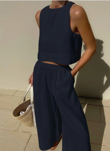 Byxor med vida ben och Topp - Casual Loose Fit - Set för Kvinnor för Sommaren-Eva Jonsson