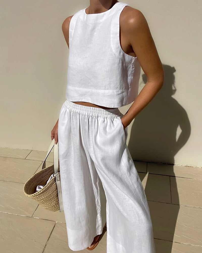 Byxor med vida ben och Topp - Casual Loose Fit - Set för Kvinnor för Sommaren-Eva Jonsson