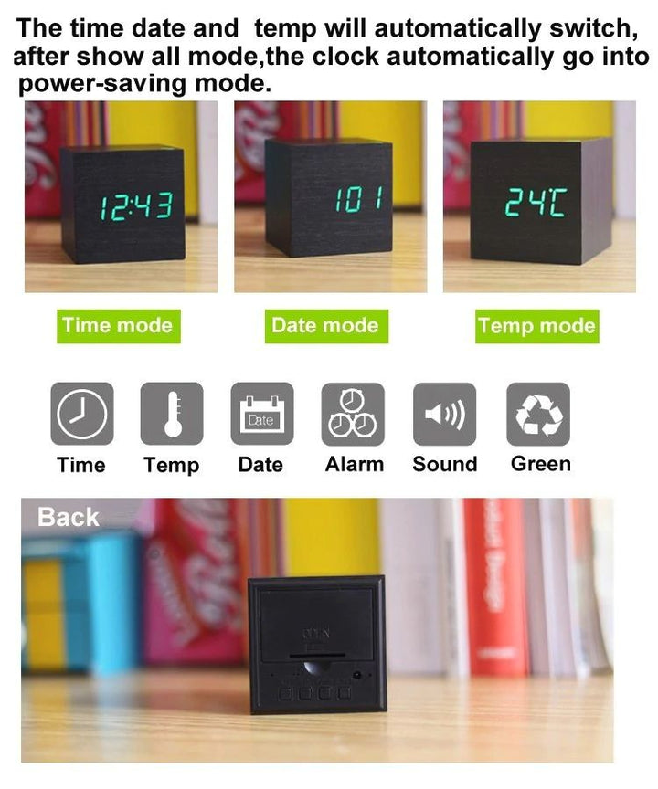 CUBE | Digital bordsklocka i minimalistisk kubdesign | Trä & bambu, kompakt-Eva Jonsson