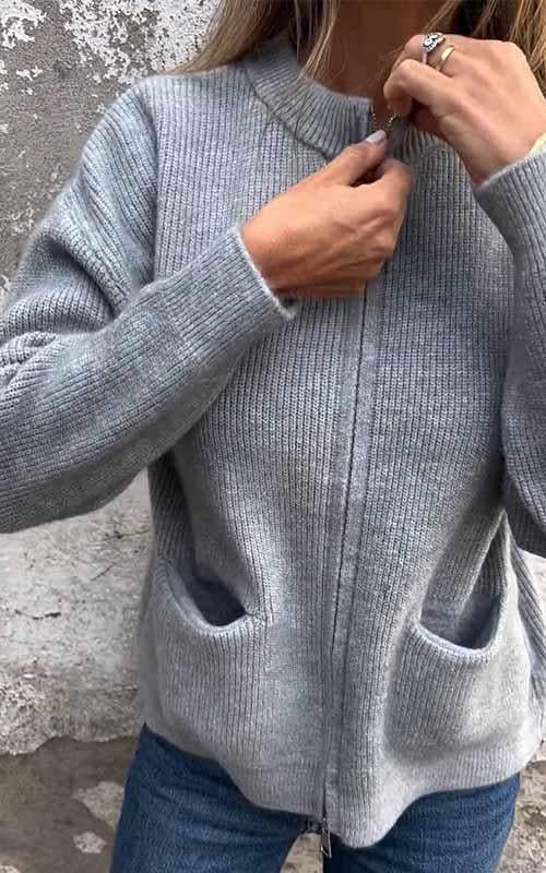 Cardigan med dragkedja - Varm - Fickor - Stickad cardigan - Damkläder-Eva Jonsson