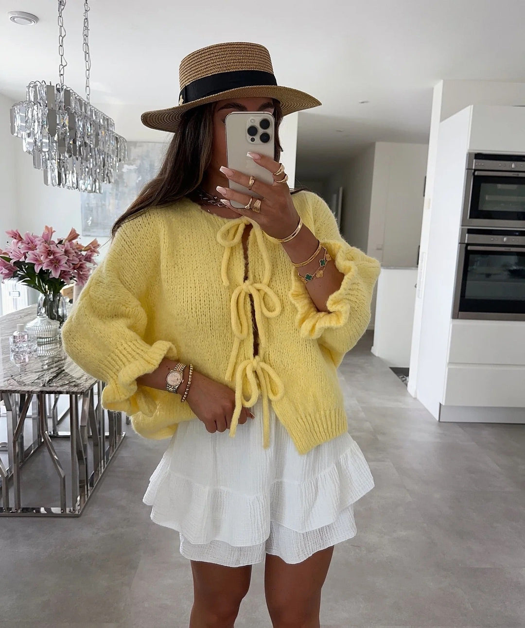 Cardigan med knytband - Gul Loose Fit Stickad Cardigan med knytband för kvinnor-Eva Jonsson