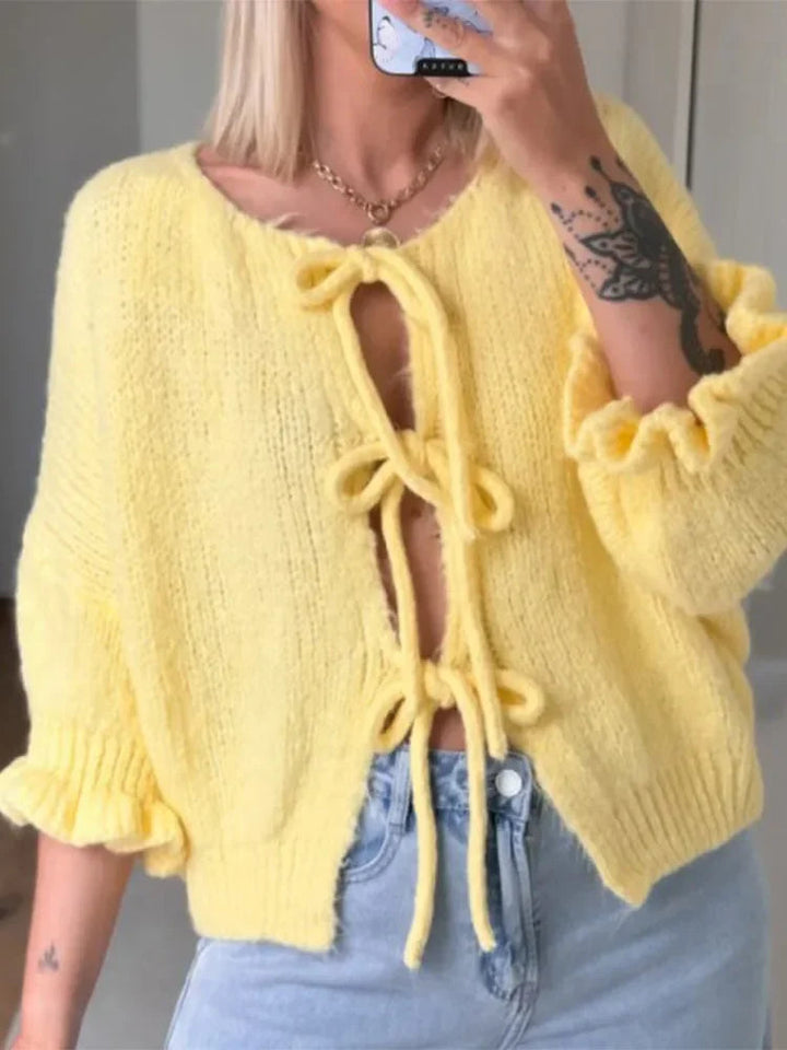 Cardigan med knytband - Gul Loose Fit Stickad Cardigan med knytband för kvinnor-Eva Jonsson