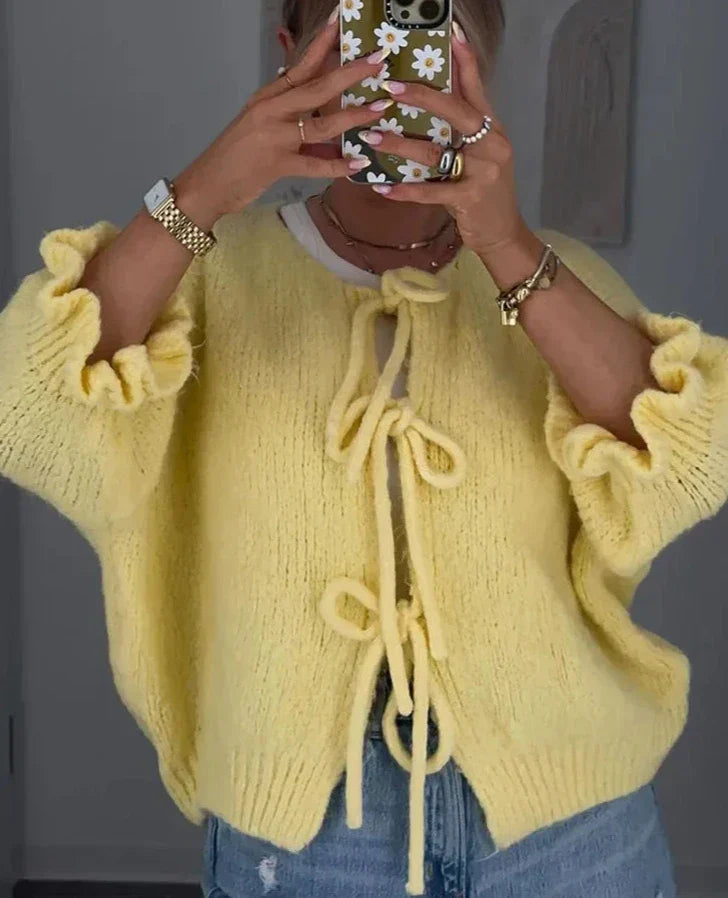 Cardigan med knytband - Gul Loose Fit Stickad Cardigan med knytband för kvinnor-Eva Jonsson