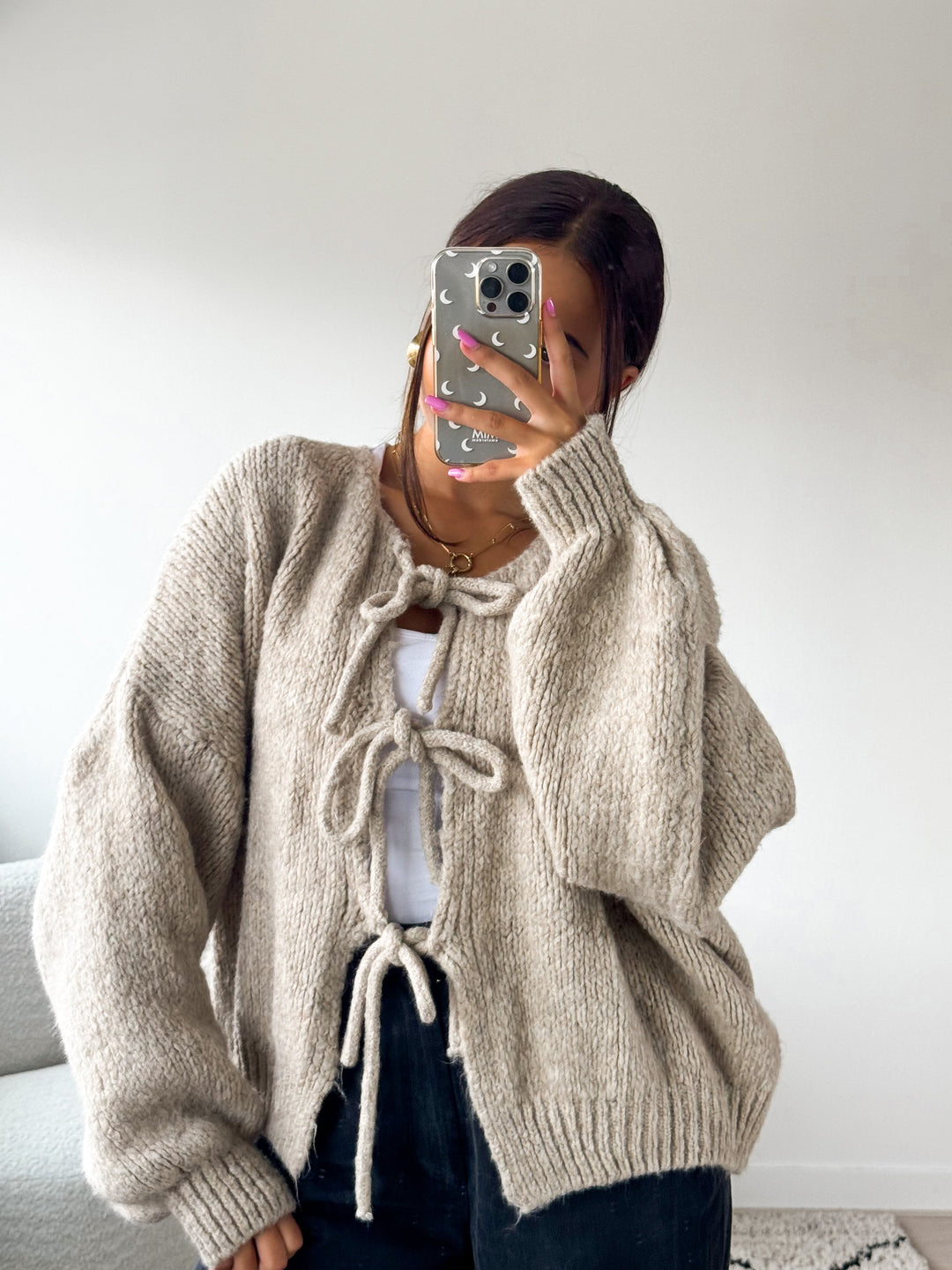 Cardigan med knytband - Knytband - Oversized - Stickad cardigan - Cardigan för dam-Eva Jonsson