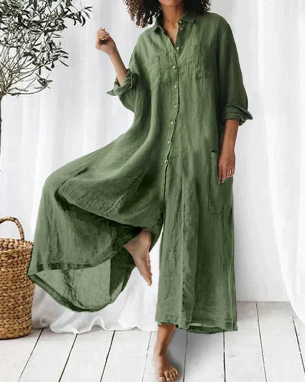 Casual Jumpsuit | Löst sittande | Knäppt | Långärmad Jumpsuit | Jumpsuit med vida ben-Eva Jonsson