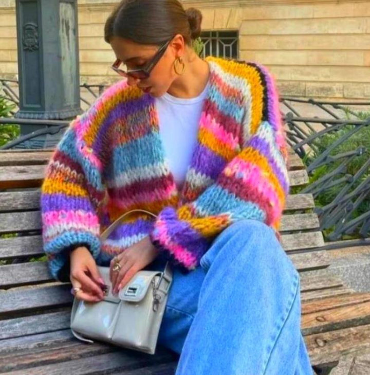 Chunky Cardigan - Färgstark randig stickad cardigan med öppen front för kvinnor-Eva Jonsson