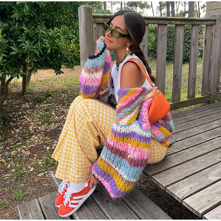 Chunky Cardigan - Färgstark randig stickad cardigan med öppen front för kvinnor-Eva Jonsson