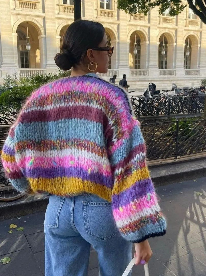 Chunky Cardigan - Färgstark randig stickad cardigan med öppen front för kvinnor-Eva Jonsson