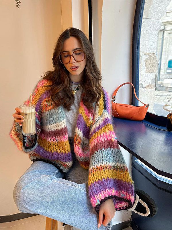 Chunky Cardigan - Färgstark randig stickad cardigan med öppen front för kvinnor-Eva Jonsson