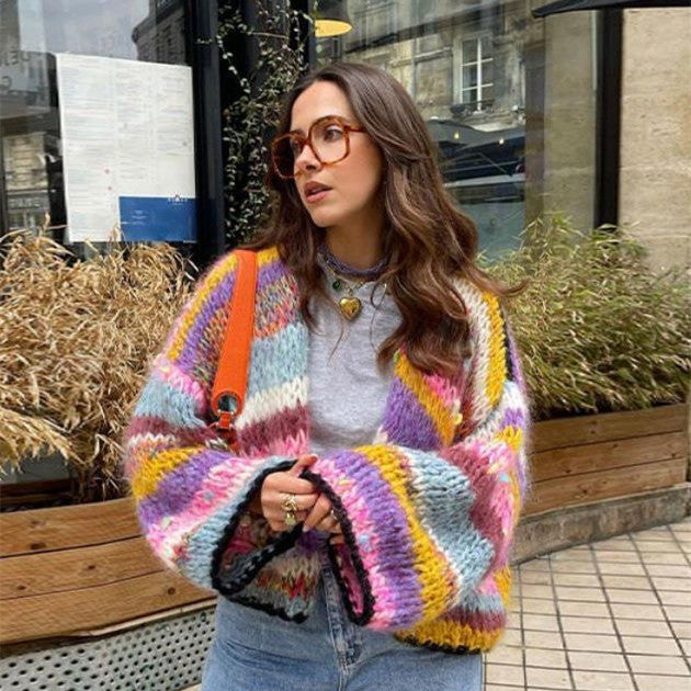 Chunky Cardigan - Färgstark randig stickad cardigan med öppen front för kvinnor-Eva Jonsson