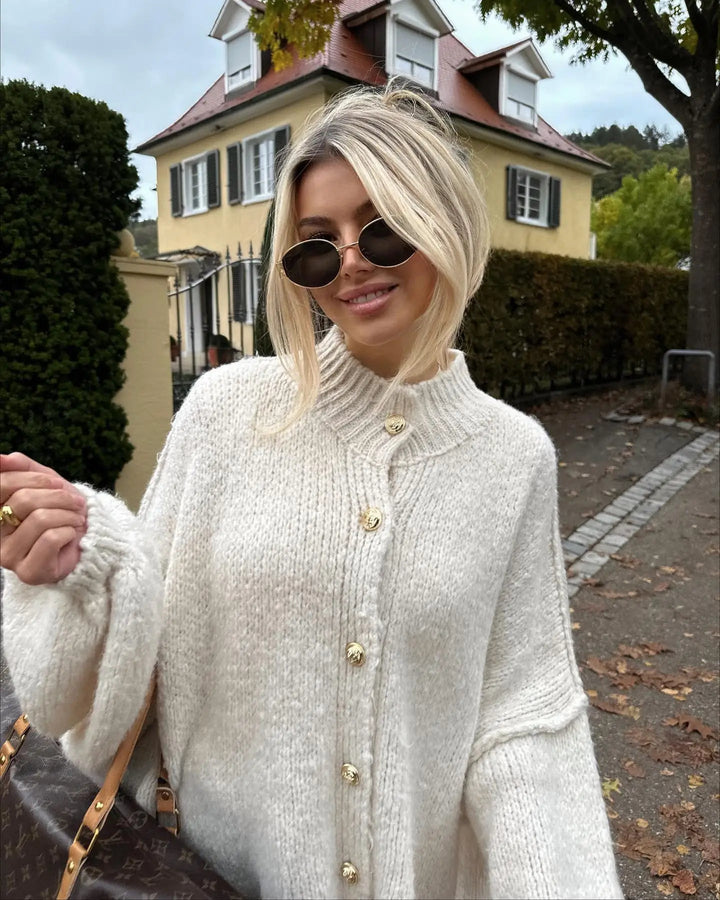 Chunky Cardigan - Överdimensionerad stickad cardigan med hög hals för kvinnor-Eva Jonsson