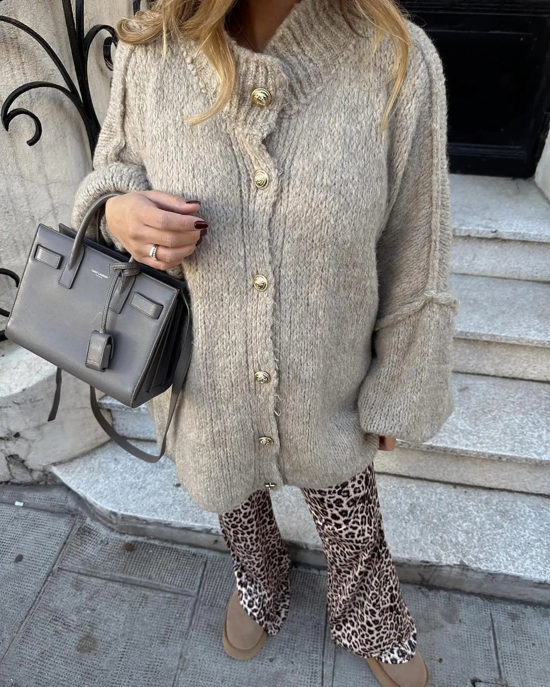 Chunky Cardigan - Överdimensionerad stickad cardigan med hög hals för kvinnor-Eva Jonsson