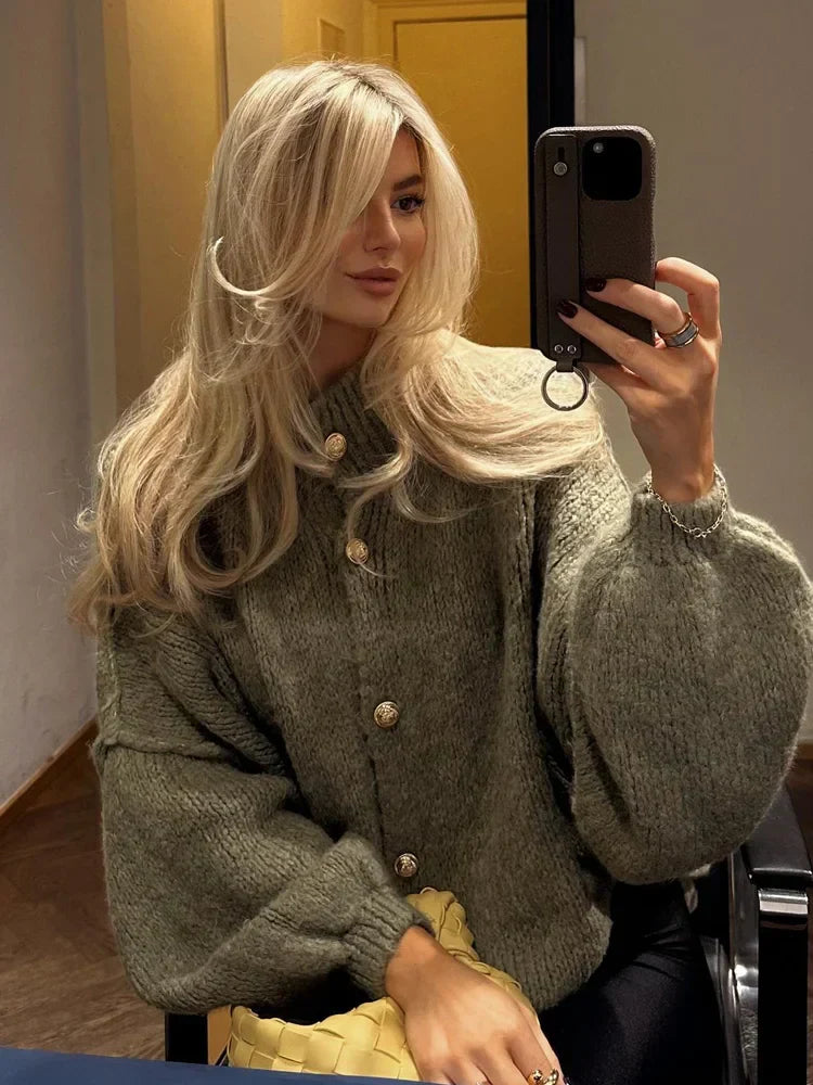 Chunky Cardigan - Överdimensionerad stickad cardigan med hög hals för kvinnor-Eva Jonsson