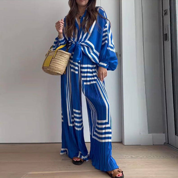 Co-Ord Set | Blå | Långärmad | Byxor med vida ben och topp | Tvådelat set för kvinnor-Eva Jonsson