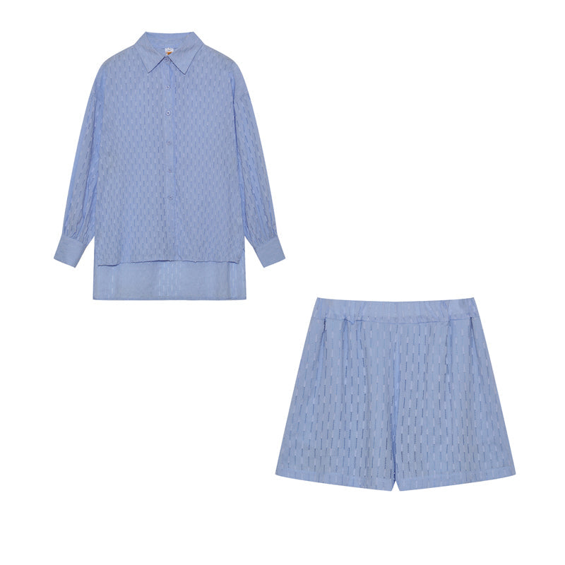 Co-Ord Set - Långärmad blus med knappar och shorts för kvinnor för sommaren-Eva Jonsson