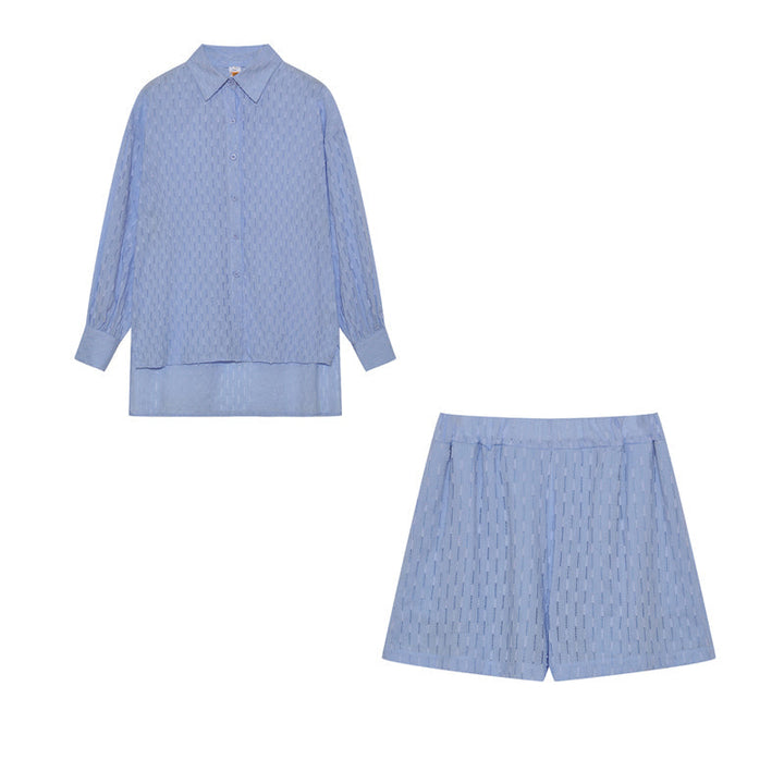 Co-Ord Set - Långärmad blus med knappar och shorts för kvinnor för sommaren-Eva Jonsson