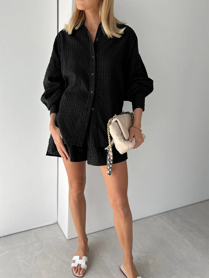 Co-Ord Set - Långärmad blus med knappar och shorts för kvinnor för sommaren-Eva Jonsson