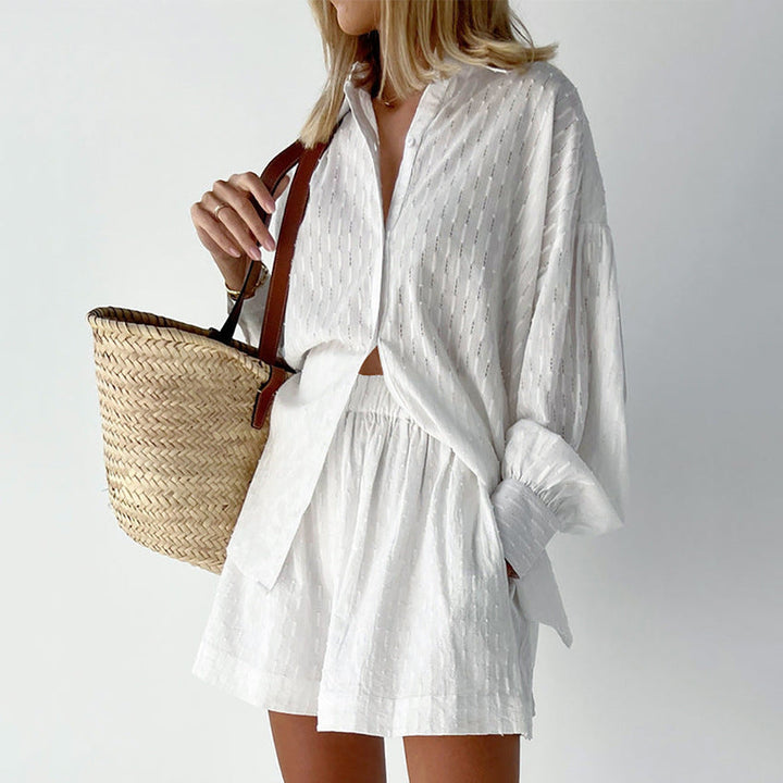 Co-Ord Set - Långärmad blus med knappar och shorts för kvinnor för sommaren-Eva Jonsson