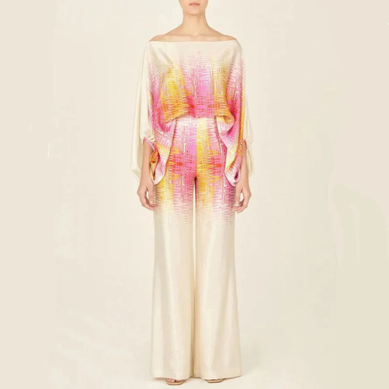 Co-Ord Set | Off-Shoulder | Utsvängda byxor | Tvådelat Set | Damkläder-Eva Jonsson