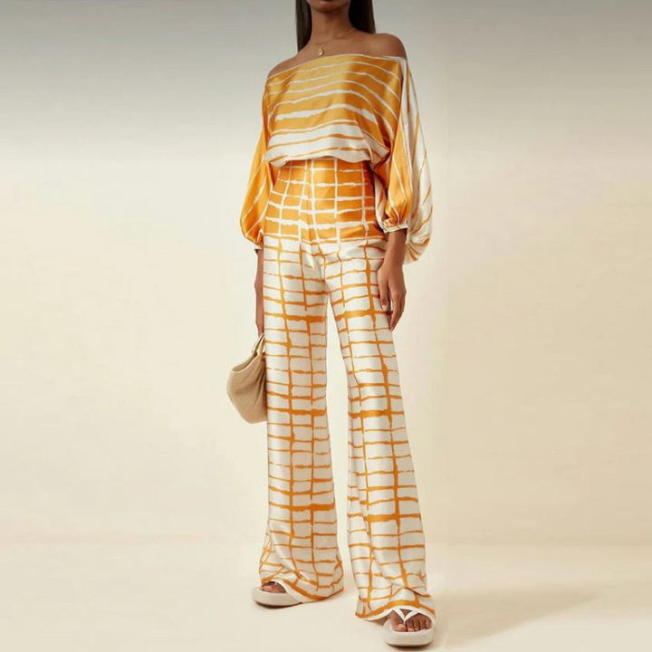 Co-Ord Set | Off-Shoulder | Utsvängda byxor | Tvådelat Set | Damkläder-Eva Jonsson