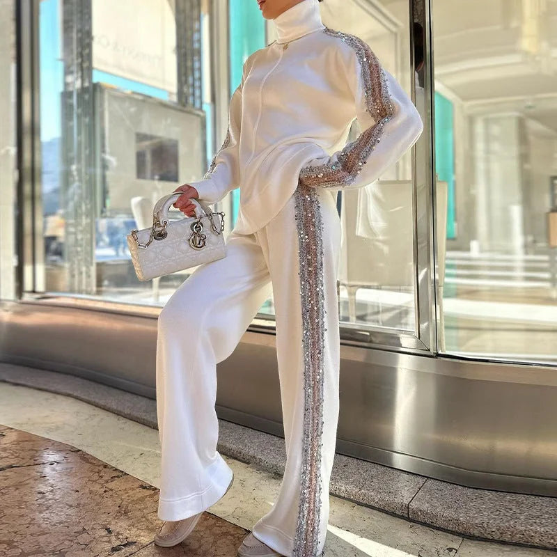 Co-Ord Set | Sequin | Turtleneck | Långärmad byxa | Tvådelat set för kvinnor-Eva Jonsson