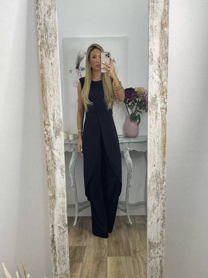 Co-Ord Set - Tvådelat set med asymmetrisk klänning och utsvängda byxor för kvinnor-Eva Jonsson