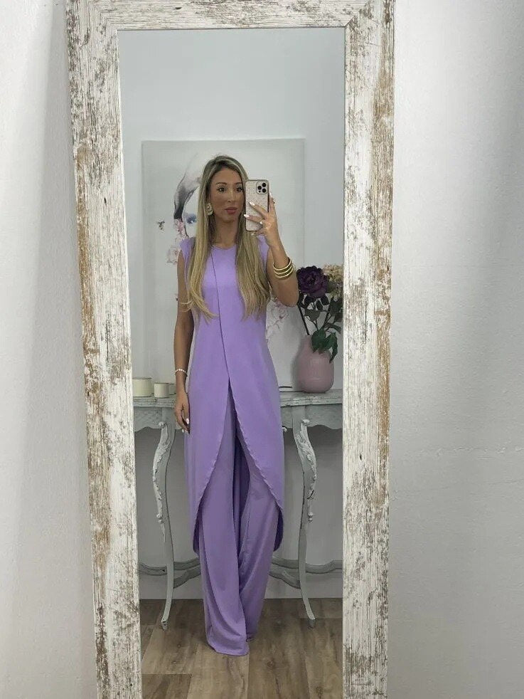Co-Ord Set - Tvådelat set med asymmetrisk klänning och utsvängda byxor för kvinnor-Eva Jonsson