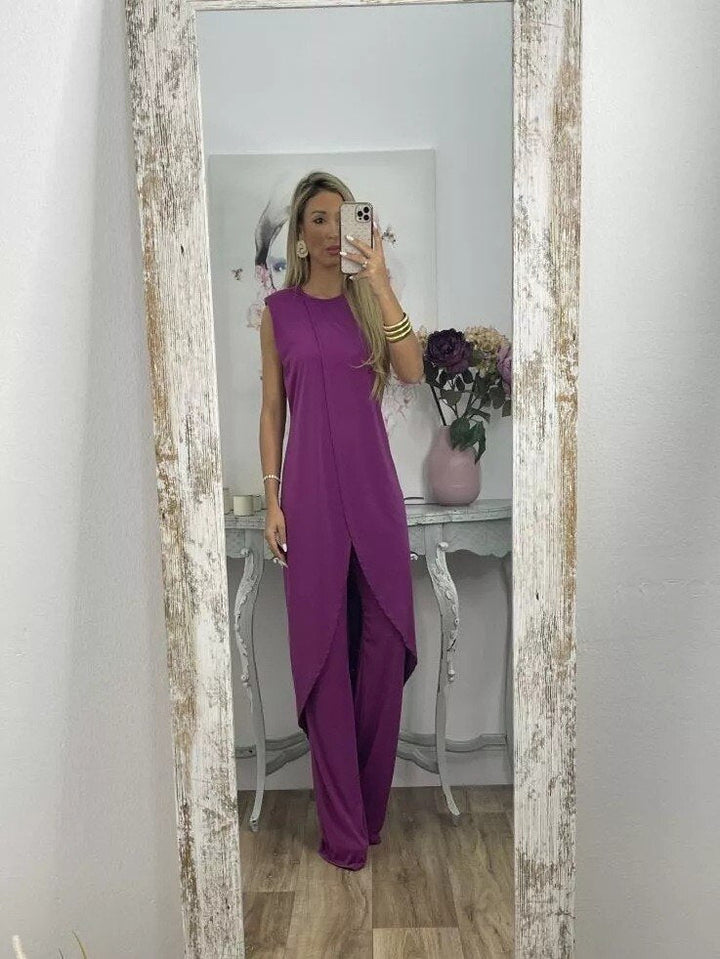 Co-Ord Set - Tvådelat set med asymmetrisk klänning och utsvängda byxor för kvinnor-Eva Jonsson