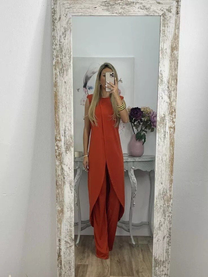 Co-Ord Set - Tvådelat set med asymmetrisk klänning och utsvängda byxor för kvinnor-Eva Jonsson