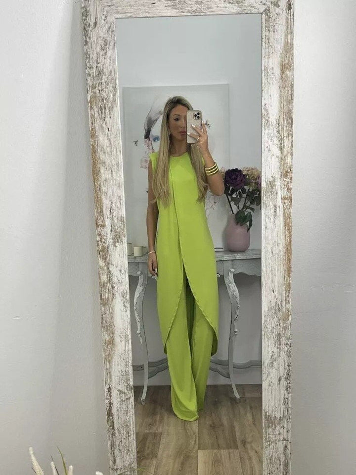 Co-Ord Set - Tvådelat set med asymmetrisk klänning och utsvängda byxor för kvinnor-Eva Jonsson