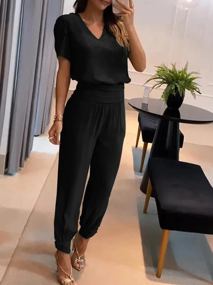 Co-Ord Set - Tvådelat set med kortärmad blus och byxor med hög midja för kvinnor-Eva Jonsson