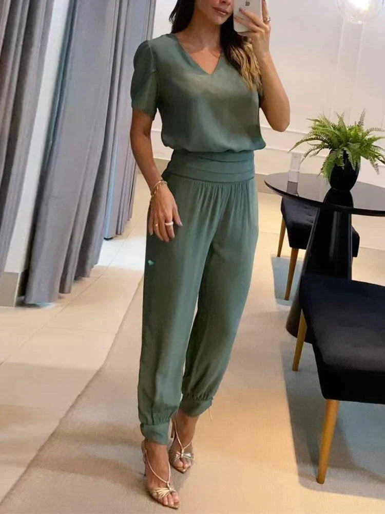 Co-Ord Set - Tvådelat set med kortärmad blus och byxor med hög midja för kvinnor-Eva Jonsson